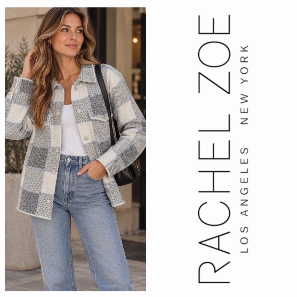 Rachel Zoe Blue Plaid Knit Shacket Sz M Snap Front Jacket Coastal Layering Cozy